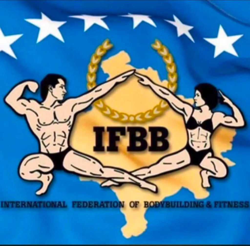 The IFBB logo over the flag and map of Kosovo.